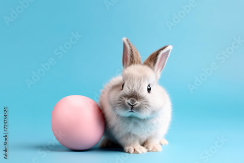 Small bunny next to large pink Easter egg in front of blue studio background © Firn