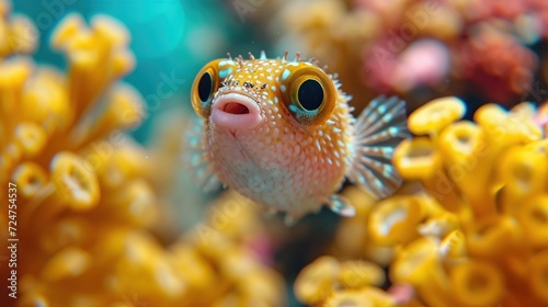  a close up of a fish on a coral with other corals in the background and a blurry image of a fish in the foreground with a blurry background.