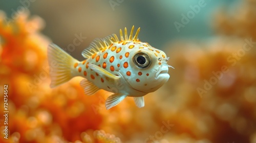  a close up of a fish with orange spots on it's body and a yellow and white fish with orange spots on it's body, swimming in an aquarium. © Shanti