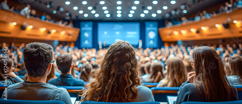 A large audience attentively watches a presentation in a modern conference hall setting.
 photo