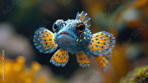  a close up of a blue and yellow fish with yellow spots on it's face and a black and white stripe on it's body and a black background.