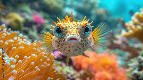  a close up of a puffer fish on a coral with other corals and seaweed in the foreground and a background of blue water and orange corals.