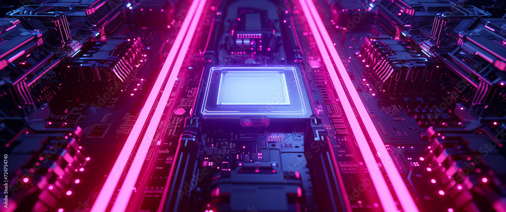 abstract background circuit technology colorful science, microchip mainboard, purple pink color, background ultra wide 21:9
