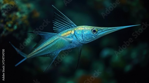  a close up of a blue fish in a body of water with plants in the back ground and a black background with a yellow stripe on the side of the fish.