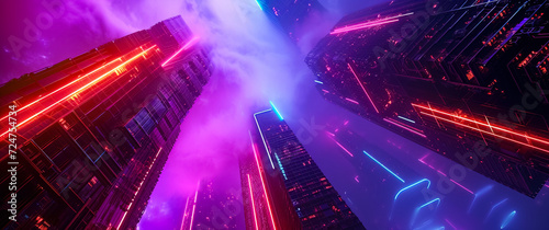 abstract background Tall buildings from below, white smoke and colored lights, cityscape, background ultra wide 21:9
