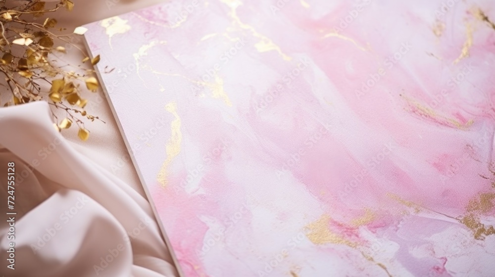 A vibrant pink and gold painting on a white sheet. Ideal for adding a touch of color and elegance to any space