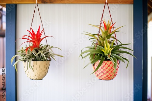 blooming bromeliads hanging in decorative metal baskets photo