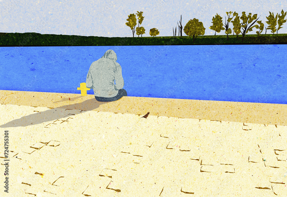 Ilustracja grafika młody człowiek w bluzie z kapturem samotnie siedzący nad brzegiem rzeki. - obrazy, fototapety, plakaty 