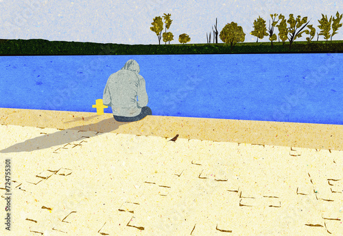 Ilustracja grafika młody człowiek w bluzie z kapturem samotnie siedzący nad brzegiem rzeki.
