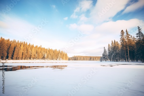 frozen lake surrounded by a pine forest © primopiano