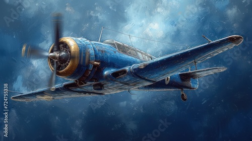  a painting of a blue airplane flying in the sky with a propeller on it's side and a propeller on the front of it's wing, and a propeller on the side of the wing.