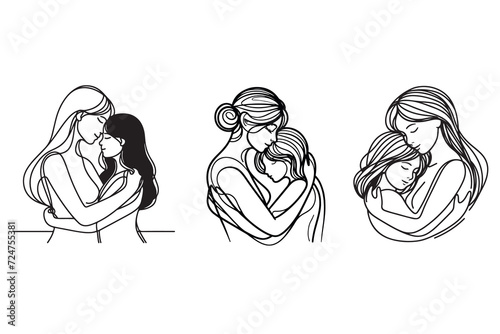 Line drawing of mother is hugging her daughter. Abstract