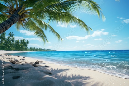 A picturesque palm tree standing on a sandy beach next to the beautiful ocean. Perfect for travel brochures and tropical-themed designs © Fotograf
