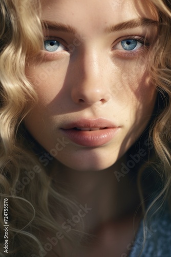 Woman's face close-up with captivating blue eyes. Suitable for beauty, fashion, or cosmetic related designs