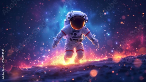  a painting of an astronaut walking on the surface of the moon with a bright blue and red light coming out of the space between the two sides of the astronaut's legs.