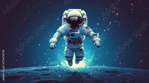  an artist's rendering of an astronaut floating on the surface of the earth, with stars in the sky and in the background of the earth's atmosphere.
