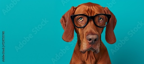 Smart dog with glasses on blue background  object on right  empty space on left for text.