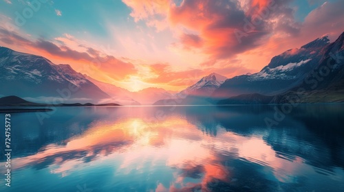 a beatiful sunset with mountains in the background and a lake with glacier water in the foreground --ar 16:9 --v 6 Job ID: ee6ec67f-e303-4cef-9c0e-71cb2260e525 photo