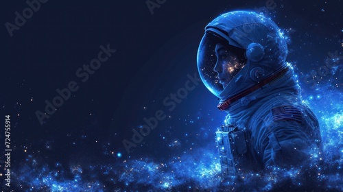  a man in a space suit standing in the middle of the night with stars all around him and his face partially obscured by the image of the astronaut's face. © Shanti