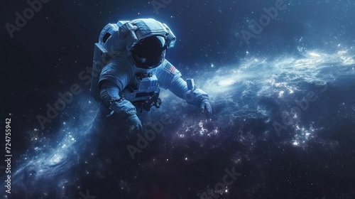  an artist's rendering of an astronaut floating in space in front of a bright blue background with stars and a distant object in the foreground of the image.