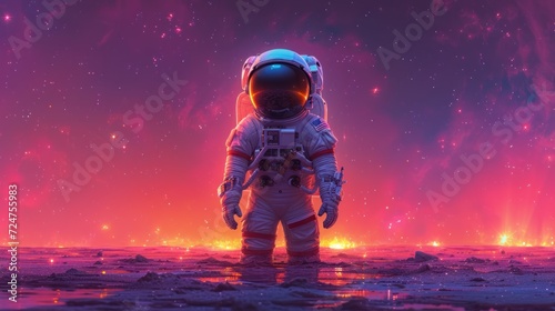  a man in an astronaut's suit standing in the middle of a space filled with stars and a bright pink sky behind him is a bright orange and purple background.
