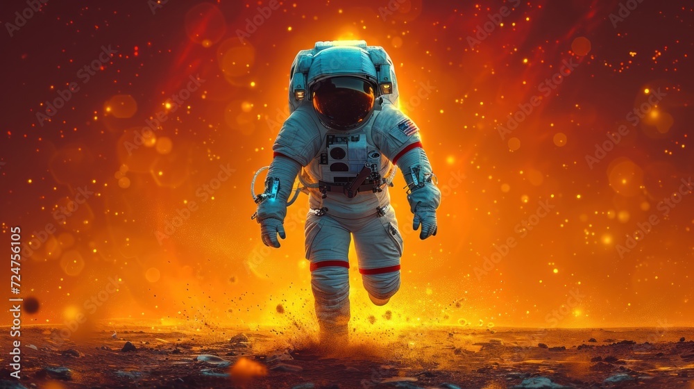  an artist's rendering of an astronaut walking on the surface of a barren, rocky area with bright yellow and orange lights in the background, while the image appears to the foreground.