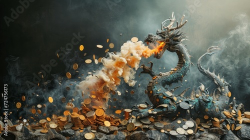 A dragon made of various household objects breathing a fire of overflowing ink and gold coins - Surrealism