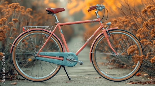  a pink bicycle parked on the side of a road in front of a bunch of tall grass and a bush with yellow and red flowers on the side of the road.