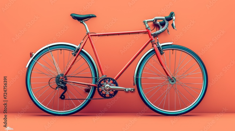  a close up of a red bike on a orange background with a black seat on the front of the bike and a black seat on the back of the bike.