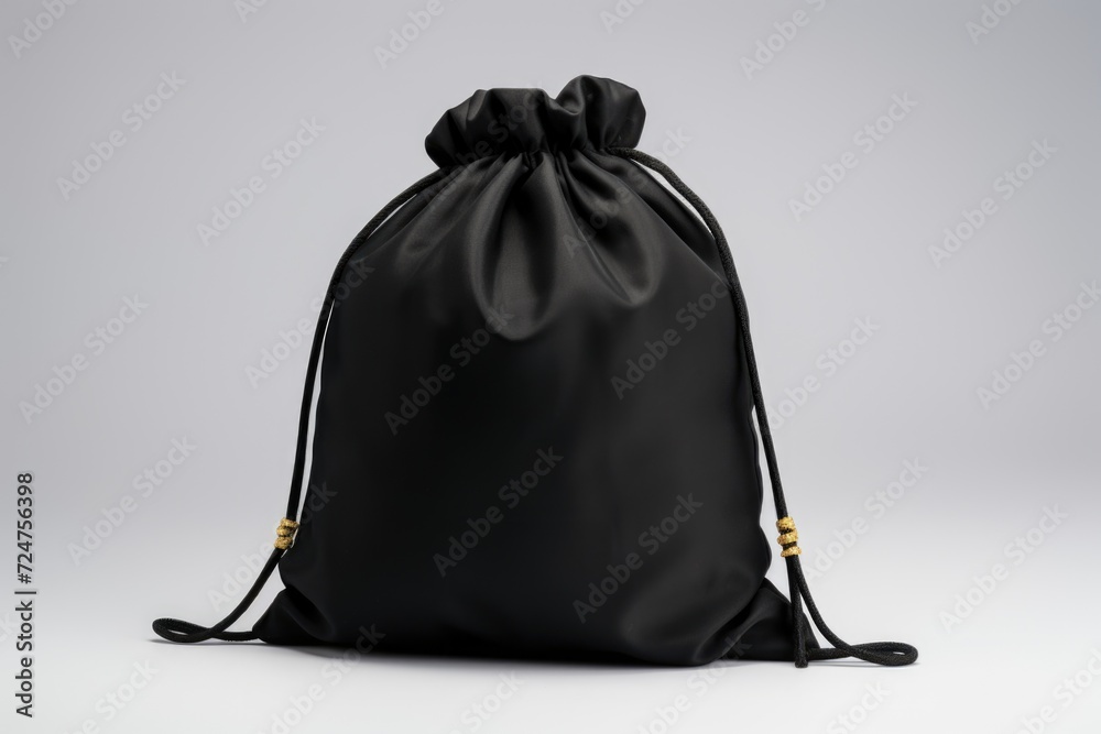 A black drawstring bag is placed on top of a table. This versatile ...