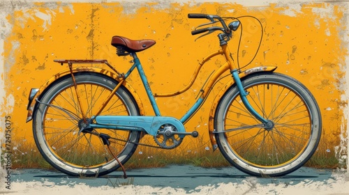  a blue bicycle parked in front of a yellow wall in front of a grassy area with a yellow wall in the background and a blue bicycle leaning up against a yellow wall.