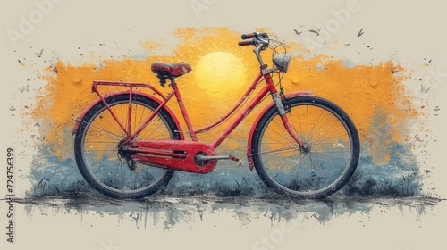 a painting of a red bicycle against a yellow and blue background with the sun shining through the clouds and birds flying in the sky above the bike is in the foreground.