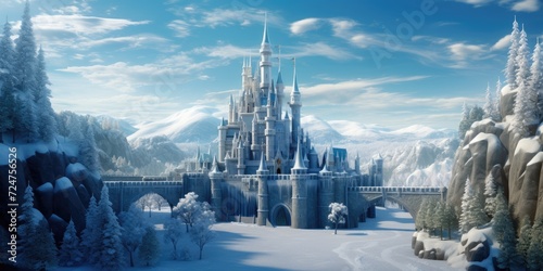 Magic Castle in a winter wonderland. Fantasy snowy landscape. Winter castle on the mountain, winter forest.