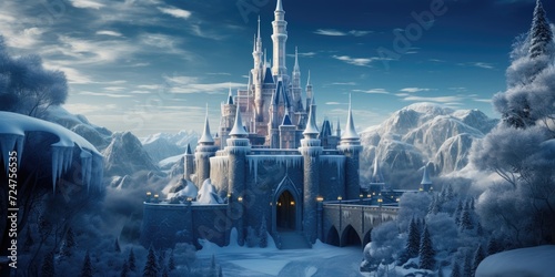 Magic Castle in a winter wonderland. Fantasy snowy landscape. Winter castle on the mountain, winter forest.