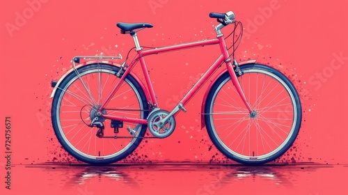  a red bicycle on a pink background with a splash of water on the bottom half of the frame and the front wheel of the bike in the middle of the frame.