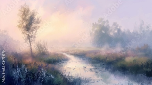 A misty morning countryside landscape with a meandering river and soft pastel colors - Impressionism