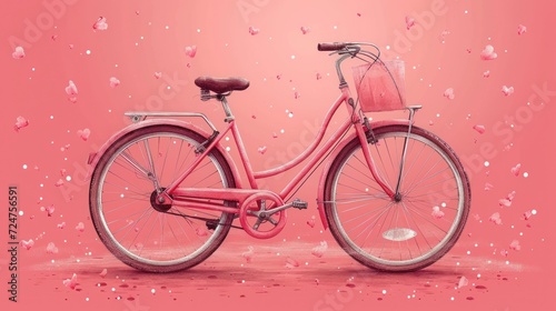  a pink bicycle parked in front of a pink background with hearts flying in the air and on top of the bike is a basket with a basket on the front.