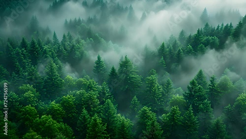 Mist moving between the trees ariel view. Rainy weather in mountains and forest. Misty fog blowing over pine tree forest. Aerial footage of spruce forest trees on the mountain hills at misty day. Morn