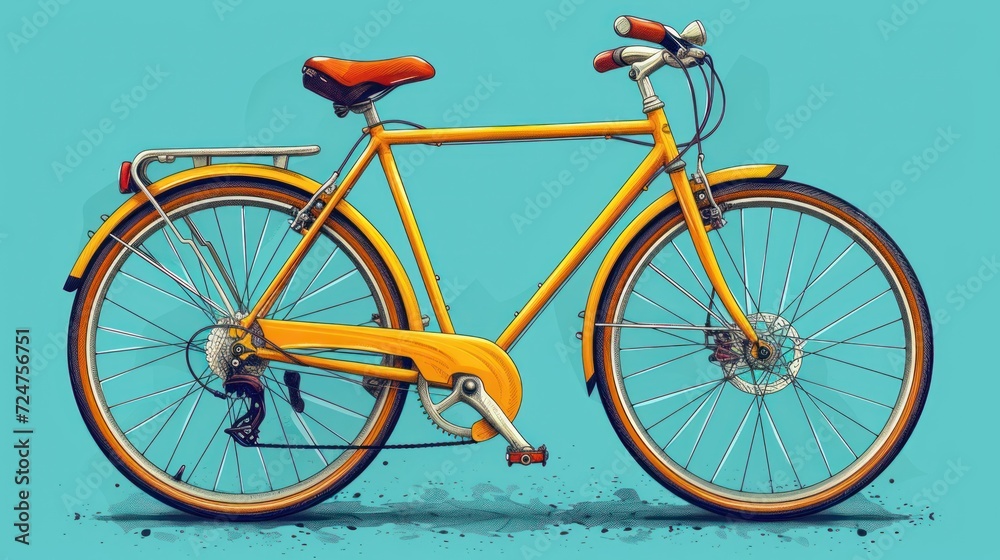  a painting of a yellow bicycle with a red seat and a red handlebar on the front wheel and the rear wheel of the bike with a red seat on a blue background.
