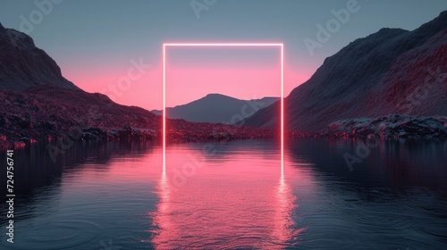 a neon square hovering over the middle of a lake with mountain in the back in a minimalistic setting photo