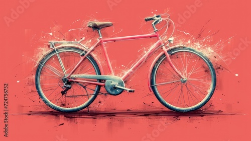  a painting of a pink bicycle on a red background with a splash of paint on the back of the bike and the front wheel of the bike in the foreground.