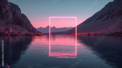 a neon square hovering over the middle of a lake with mountain in the back in a minimalistic setting photo