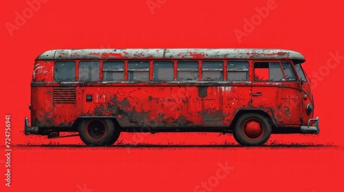  an old red bus sitting on top of a red floor next to a black and white dog laying on the ground in front of a red and black and white background.