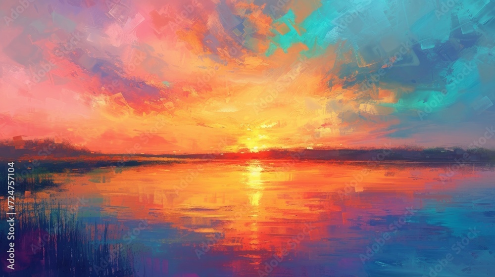 A serene lakeside scene at sunset with vibrant colors reflecting off the water - Impressionism