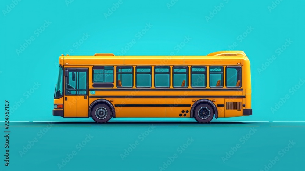  a yellow school bus sitting on top of a blue and teal background with a shadow of the front of the bus on the side of the bus and the back of the bus.