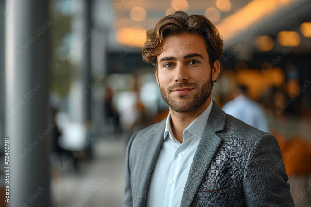 Obraz premium Mature adult businessman standing in the office hall. A man in a suit looking like a businessman or ceo manager