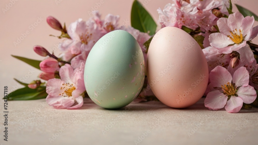 Colorful pastel Easter eggs with spring blossom flowers on soft background. Colored Pink Egg Holiday border. generative, ai.