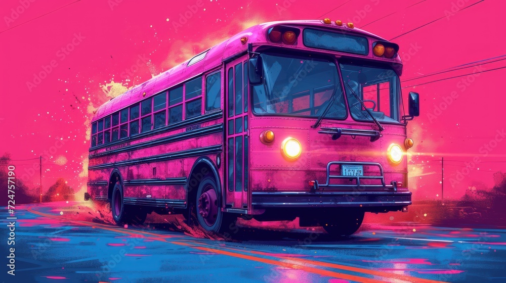  a painting of a school bus on a city street with a pink sky in the back ground and a red and blue sky in the middle of the back ground.
