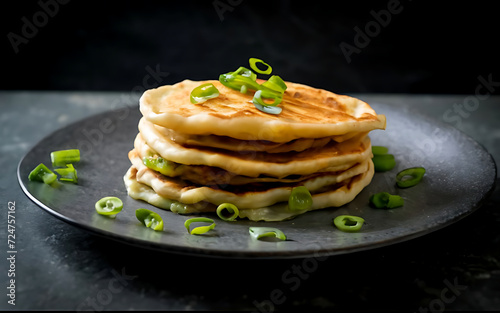 Capture the essence of Scallion Pancake in a mouthwatering food photography shot