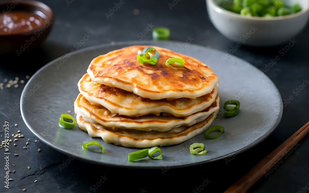 Capture the essence of Scallion Pancake in a mouthwatering food photography shot